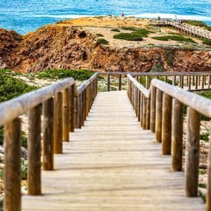 Una passerella di legno si estende attraverso un paesaggio roccioso con arbusti verdi verso l'oceano blu.