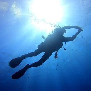 Una silhouette di un subacqueo che nuota in acque blu profonde, visto dal basso con il sole che filtra dalla superficie.