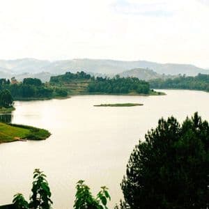 Eine malerische Aussicht auf einen großen See, umgeben von saftig grünen, sanften Hügeln und Wäldern, mit Bergen im dunstigen Hintergrund.