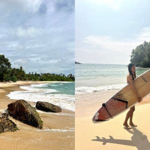 Une image scindée montrant une personne portant une planche de surf sur une plage tropicale, avec palmiers et vagues.