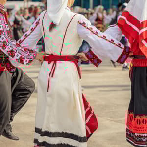 Tres personas vistas de espaldas, con trajes folclóricos bordados tradicionales, bailando en línea y sujetándose de los cinturones.