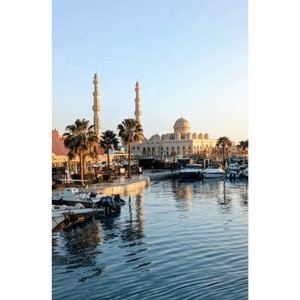 Una grande moschea con due minareti si affaccia su un porto turistico, pieno di barche ormeggiate e palme, sotto un cielo sereno.