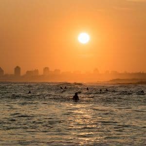 Sagome di surfisti nell'oceano durante un tramonto dorato, con lo skyline di una città visibile all'orizzonte.