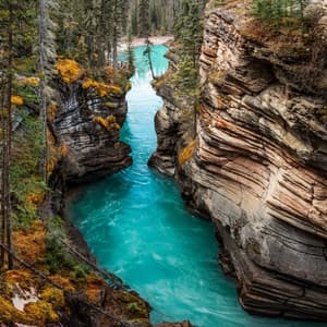 A turquoise river carves its way through a narrow rock canyon, with dense evergreen forests and yellow moss lining the cliffs.