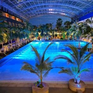 Una grande piscina interna illuminata da luci blu di notte, circondata da palme sotto un tetto di vetro.