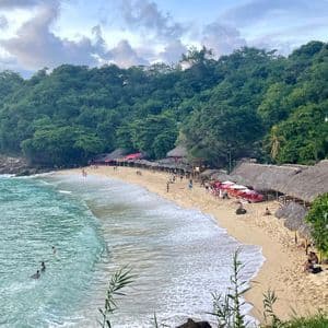 Une vue aérienne d'une crique de sable où les gens nagent et se détendent sous des paillotes, avec une forêt verdoyante en arrière-plan.
