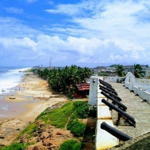 Cannoni neri su un muro bianco di fortezza si affacciano su una spiaggia sabbiosa con palme e l'oceano.