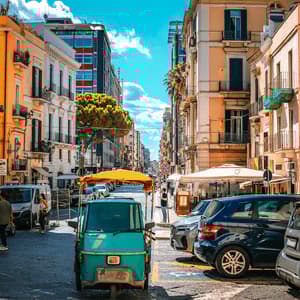 Un veicolo a tre ruote turchese è parcheggiato su una strada cittadina fiancheggiata da edifici colorati e altre auto, sotto un cielo blu.