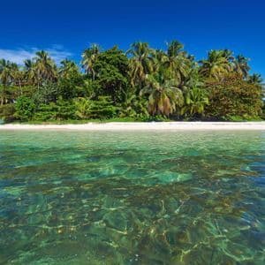 Una piccola isola tropicale con palme e una spiaggia di sabbia bianca, vista dalle acque cristalline color turchese sotto un cielo azzurro brillante.