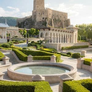 Un château de pierre sur une colline rocheuse surplombe un jardin à la française avec une fontaine ronde, des haies taillées et un pavillon de pierre.