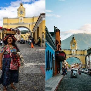 Zwei Ansichten: eine Frau in Tracht auf einer Kopfsteinpflasterstraße und dieselbe Straße mit gelbem Torbogen und Vulkan.