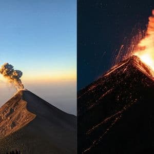 Ein Diptychon, das einen ausbrechenden Vulkan zeigt – tagsüber mit einer Rauchfahne und nachts mit glühenden Lavaströmen.