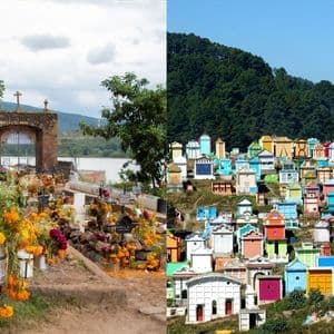 Ein geteiltes Bild, das zwei Friedhöfe gegenüberstellt: einen mit Ringelblumen an einem See und einen mit farbenfrohen, hausähnlichen Gräbern an einem Hang.