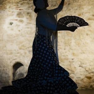 Eine Silhouette einer Flamenco tanzenden Frau mit einem schwarzen Fächer vor einer beleuchteten Steinwand.