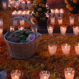 Una canasta de pan y fruta sobre un lecho de pétalos de cempasúchil anaranjados, rodeada de muchas velas encendidas en portavelas de cristal.