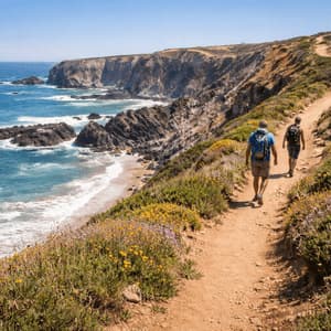 Due escursionisti con zaini camminano su un sentiero sterrato lungo una scogliera assolata che si affaccia su una costa rocciosa e sull'oceano.