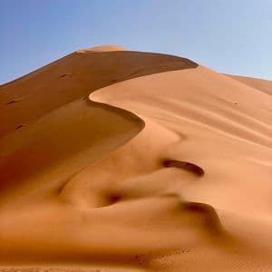 La netta curva a S della cresta di una grande duna di sabbia arancione crea giochi di luce e ombra sotto un cielo azzurro e limpido.