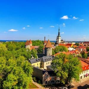 Paesaggio urbano di una città storica con torri medievali e tetti rossi, immersa tra alberi rigogliosi, con il mare visibile all'orizzonte.