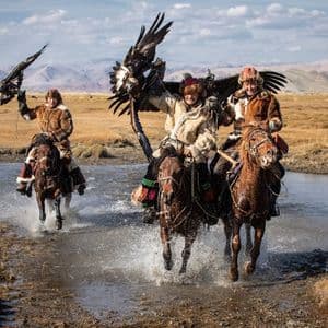 Tres cazadores de águilas con abrigos de piel tradicionales montan a caballo a través de un arroyo, sosteniendo grandes águilas con las alas extendidas.