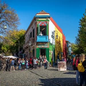 Un viaggio di gruppo WeRoad si trova su una strada di ciottoli di fronte a un edificio angolare colorato sotto un cielo sereno.