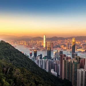 An elevated view of a dense cityscape with skyscrapers along a harbor, seen from a forested mountain slope at sunset.