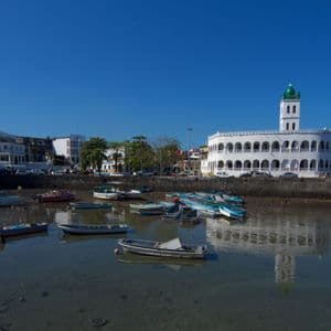 Una moschea bianca con cupola verde si riflette in un porto tranquillo dove piccole imbarcazioni sono ormeggiate in una giornata di sole.