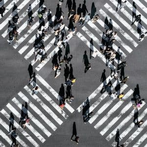 An aerial top-down view of pedestrians casting long shadows as they walk across white-striped crosswalks on a street.