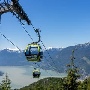 Two gondola cars travel on a cableway high above a forested landscape with a body of water and snow-capped mountains.