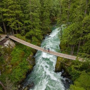 An aerial view of two people walking on a suspension bridge over a rushing river, surrounded by a dense green forest.