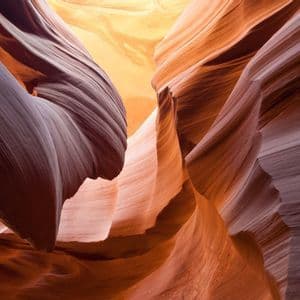 Sunlight illuminates the smooth, flowing curves of orange and purple sandstone walls inside a narrow slot canyon.