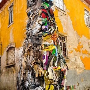 Une grande sculpture de lapin faite de matériaux recyclés colorés se dresse à l'angle d'un bâtiment jaune patiné.