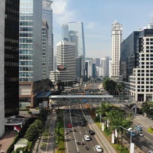 A high-angle view of a multi-lane highway with traffic flowing between towering modern skyscrapers and lush palm trees.