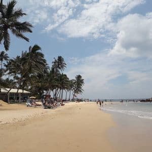 Ein sonniger Tag an einem Sandstrand, wo Menschen entspannen und am Meer entlanggehen, das von hohen Palmen und einem kleinen Gebäude gesäumt wird.