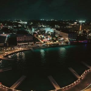 A high-angle view of a coastal city and its curved harbor illuminated by lights under a dark night sky.