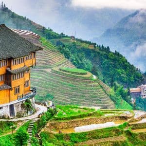 Un edificio de madera domina verdes arrozales en terrazas que cubren una empinada ladera bajo un cielo brumoso.