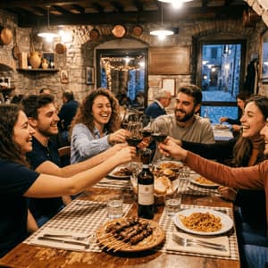 Un viaggio di gruppo WeRoad con persone che ridono e brindano con calici di vino rosso durante una cena in un ristorante rustico con pareti in pietra.