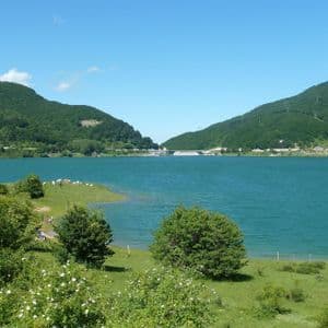 Un ampio lago turchese è incastonato tra due montagne verdi e boscose sotto un cielo azzurro e limpido, con una riva erbosa in primo piano.