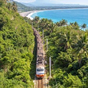 Vue aérienne d'un train traversant une forêt luxuriante le long d'une côte tropicale.