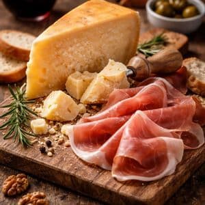 Uno spicchio di formaggio stagionato e prosciutto affettato su un tagliere di legno con vino, pane, olive e noci.