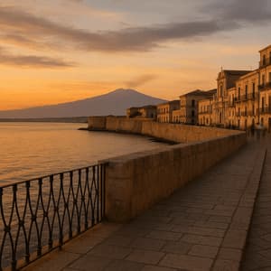 Una passeggiata in pietra si snoda lungo il mare vicino a una storica città costiera, con un grande vulcano in lontananza sotto un cielo al tramonto dorato.