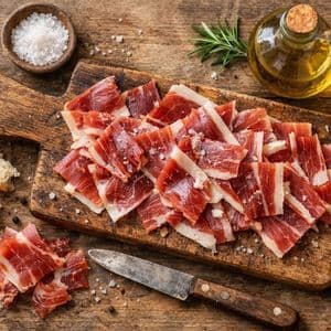 An overhead shot of sliced cured ham on a wooden board, garnished with salt, bread, olive oil, and a knife.