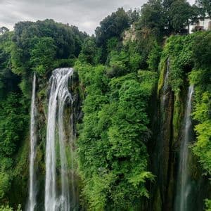 Una grande cascata scende da una scogliera coperta da fitti alberi verdi sotto un cielo nuvoloso.
