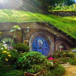 A house with a round blue door built into a green hillside, surrounded by a colorful garden under bright sunlight.
