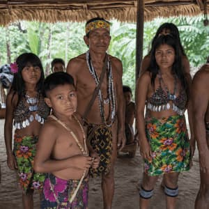 Un gruppo di adulti e bambini indigeni in abiti tradizionali si trova sotto un riparo di paglia in una giungla.