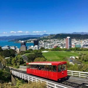 A red cable car travels on a track overlooking a coastal city with a large green park and a bay under a clear blue sky.