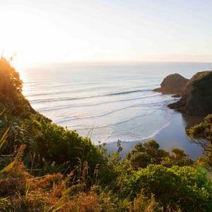 View from a lush green cliff of a sunlit coastline with gentle waves rolling onto a sandy beach cove.