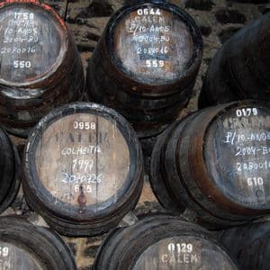 Botti di vino in legno impilate in una cantina di pietra, con scritte a gesso sulle estremità che indicano annata e contenuto.