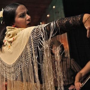 Une danseuse de flamenco portant un châle à franges et des manches en dentelle se produit sur scène avec un violoniste en arrière-plan.
