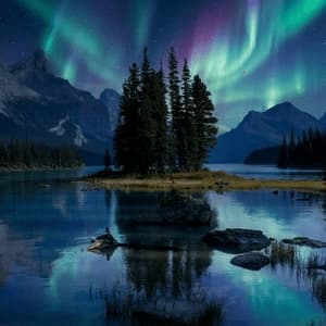 The green and purple Aurora Borealis glows over a calm lake with a small, tree-covered island, surrounded by mountains at night.