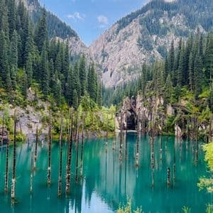 Kahle Baumstämme ragen aus einem türkisfarbenen Bergsee, umgeben von dicht bewaldeten Bergen.